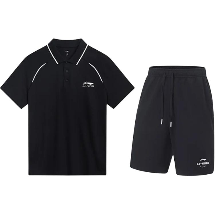 

Li-Ning Простая однотонная футболка-поло с коротким рукавом, быстросохнущая, дышащая, универсальные шорты, повседневный спортивный костюм, унисекс, спортивная одежда YPLU043-2+AKST543-3 S