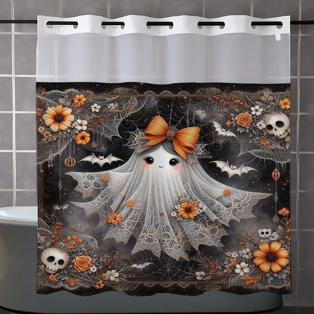 

No Hook Halloween Pattern Shower Curtain With Snap-In Fabric Liner, Sheer Top Window, Waterproof Double Layer Bathtub Curtain W60H190(CM)-1 Pcs