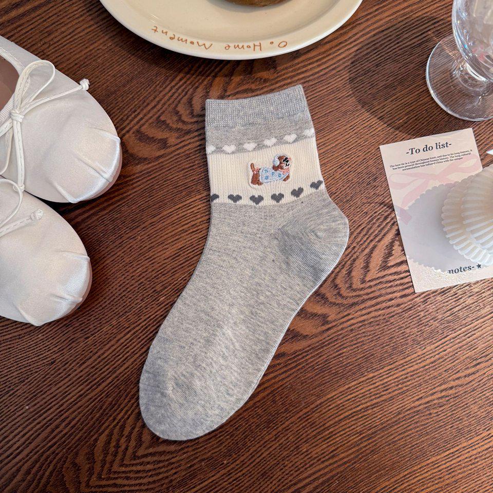 Korean Style Thin Cartoon Puppy Embroidered Mid-Calf Socks for Girls - Breathable Mesh, Seamless Ruffle Design