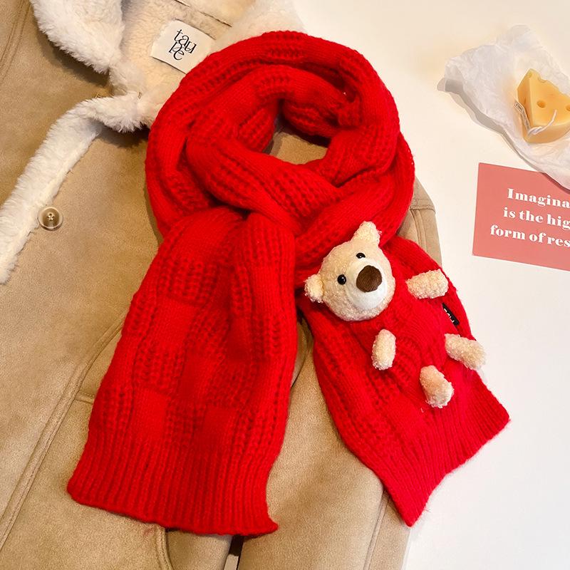 Red Bear Knitted Scarf for Women – Cute, Versatile Neck Warmer for Autumn/Winter | 2025 New Style Gift