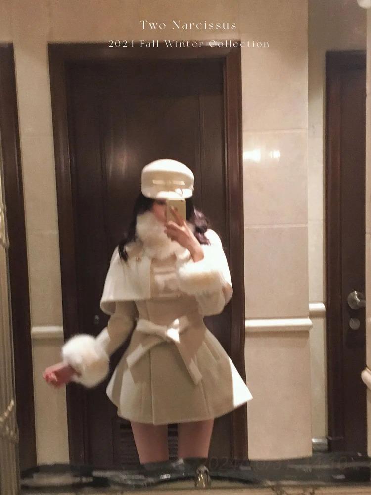 2025 Winter Französisch Vintage Elegant Wollmantel Frau Schwarz Schick Schal Umhang + Retro Locker Trenchcoat Damen Bandage Korea Modedesign Outfits