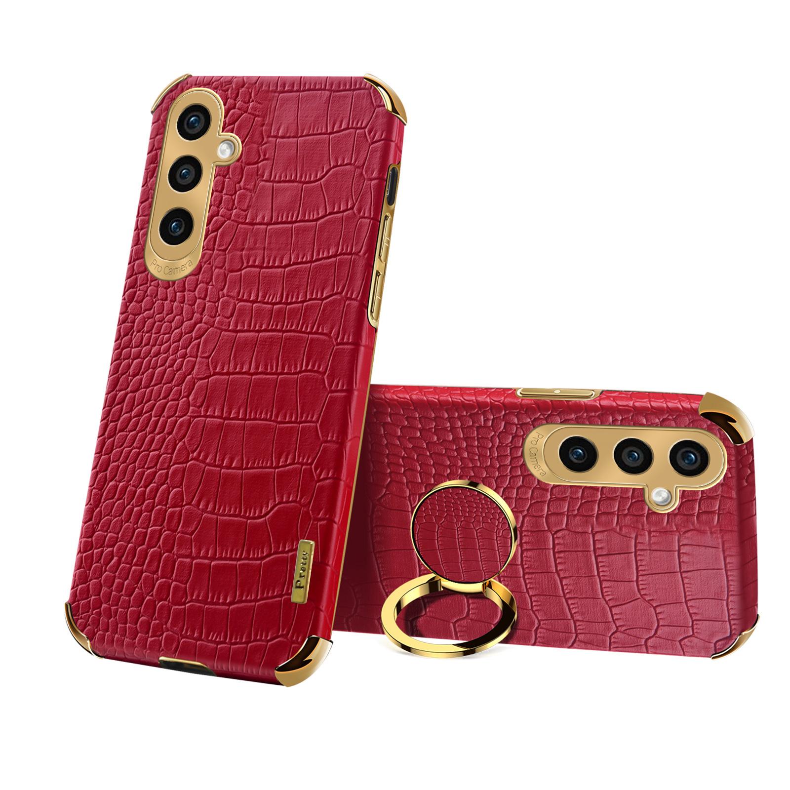 

For Samsung Galaxy S24 Case Crocodile Texture Electroplated Leather+TPU Phone Cover with Kickstand Red