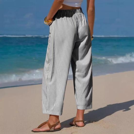 Summer Pants, Casual Wide Leg Trousers for Women, Elastic Drawstring Waist Long Trousers with Striped Print, for Everyday Wear