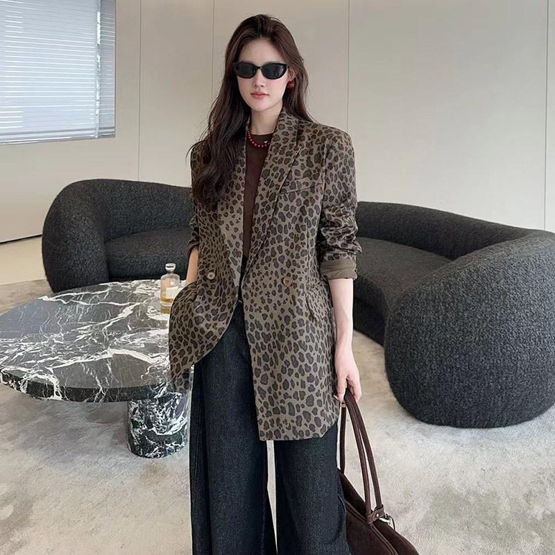 Plus Size Leopard Print Mid-Length Casual Blazer for Women - Spring Fashion