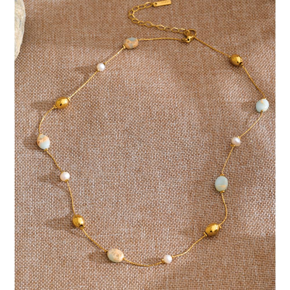 Eetit 2026 Agalmatolite Natural Pearl Stone Beads Chain Necklace Women Stainless Steel Spring Summer Collar Waterproof Jewelry