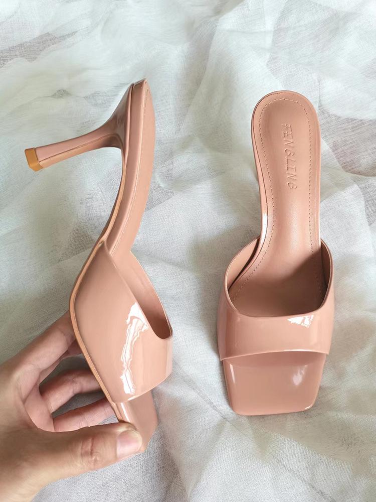 

Sheepskin version of high-heeled cool slippers women s summer versatile thin heels square toes sexy temperament wear one-word slippers 34
