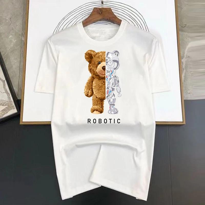 summer harajuku Robot Bear print funny t shirt Men graphic t-shirt short sleeve casual white tops tee women fashion clothing