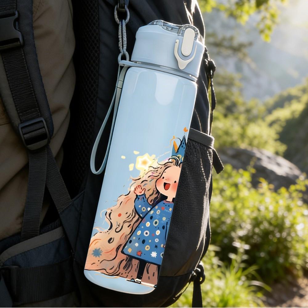 1PC Crown Bohemian Girl Portrait Print 750ml Color Plastic Sports Water Bottle Leakproof Flip Straw Lid Suitable for Sports Office Home Use