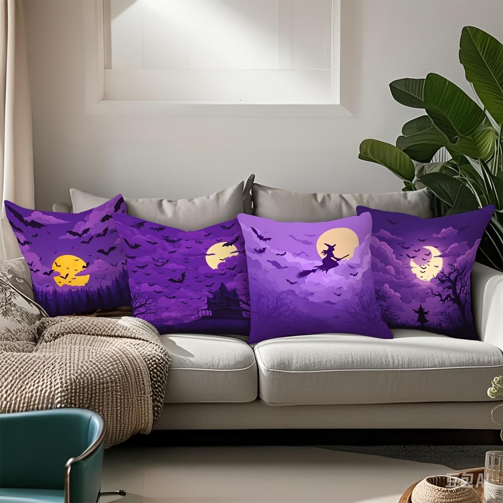 Home Decor Halloween Night: Bats, Moon & Witch Scenes Pattern Cushion Cover Suitable For Sofa Bedroom Car Pillow Cover