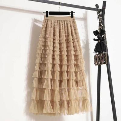 Autumn Korean Style Mesh Puffy Cake Long Skirt Elegant Vintage Elastic Waist High Waist Ball Gown Gauze Tulle Skirt