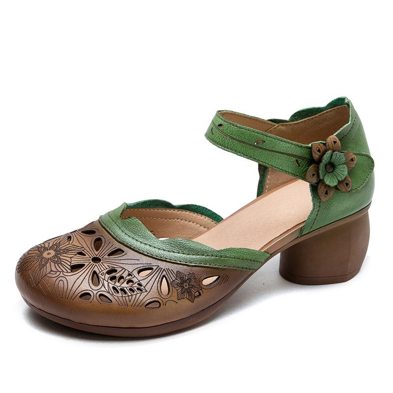 Fashion GKTINOO 2025 New Women Sandals Summer Genuine Leather Thick Heels Sandals Retro Style Round Toe Casual High Heel Mom Shoes