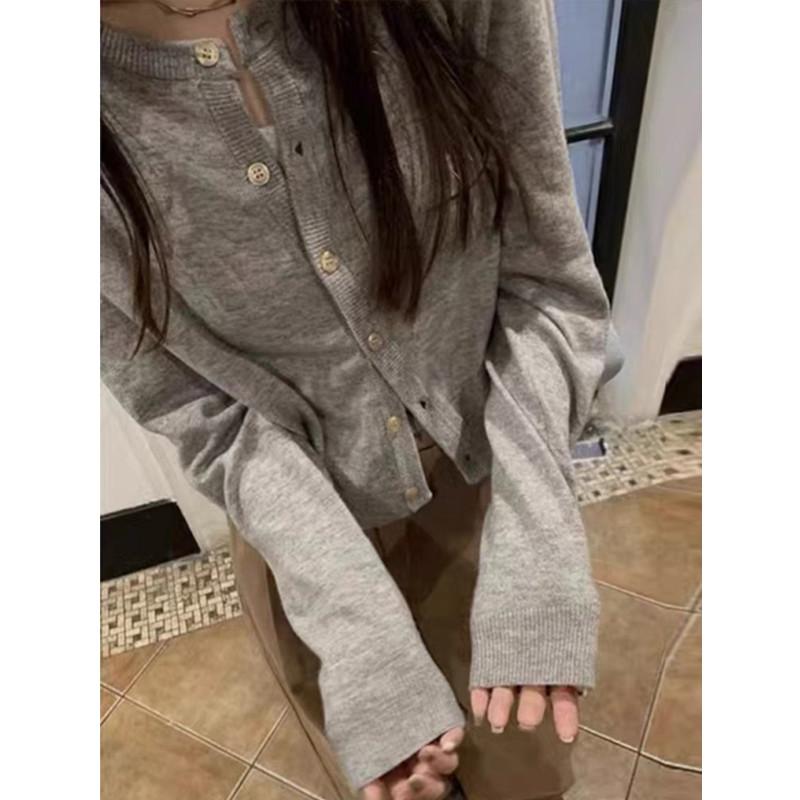 Fashion Casual Long Sleeve O-neck Knitted Cardigan Sweater Spring Autumn Loose Women Elegant Slim Fit Solid Color Top Office Thin Simple Short Coat