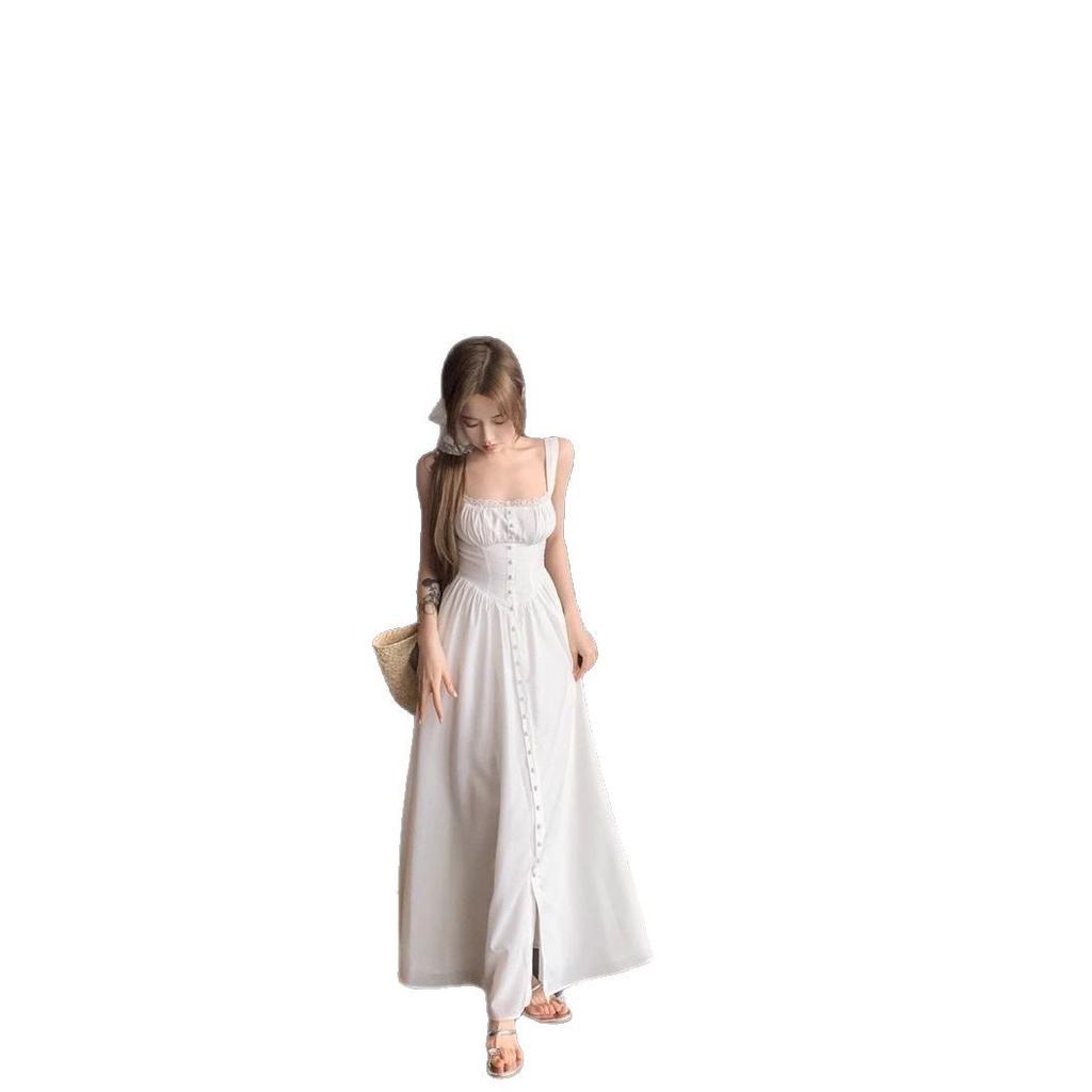 French White Lace Suspender Dress Women's Summer Gentle A-shaped Skirt Vacation Style Waist Halter Dress