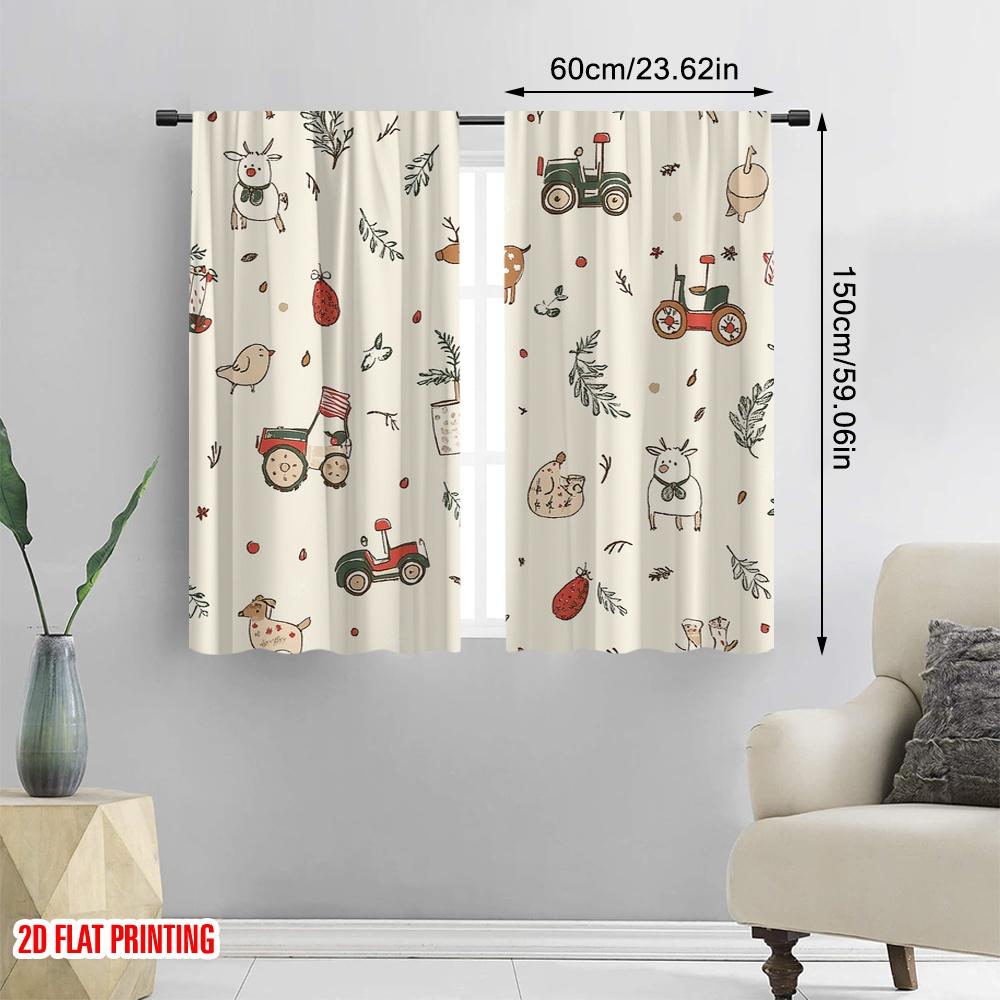 2Pcs,2D Plane Printing Window Curtain Christmas Cute Animal Tractor (4) Versatile Polyester Fabric (Without Rod) Decorations