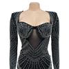 Women's Fashion Solid Mesh Crystal Long Sleeve Dress