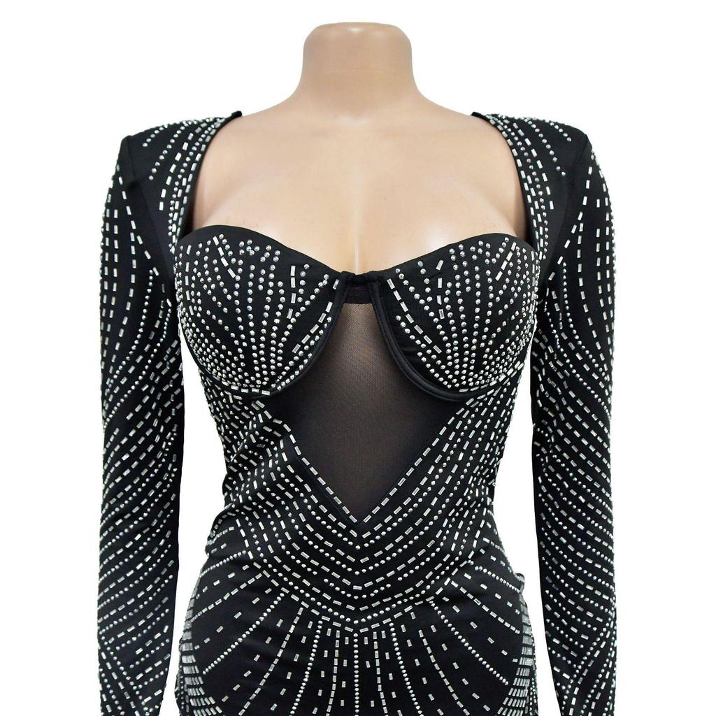 Women's Fashion Solid Mesh Crystal Long Sleeve Dress