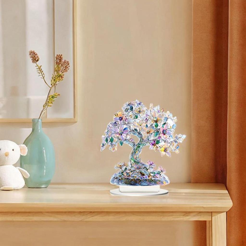 Akryl Livets Tre Ornament Skrivebordsdekor 2D Hjemmedekorasjon Samleobjekt med Base Bord