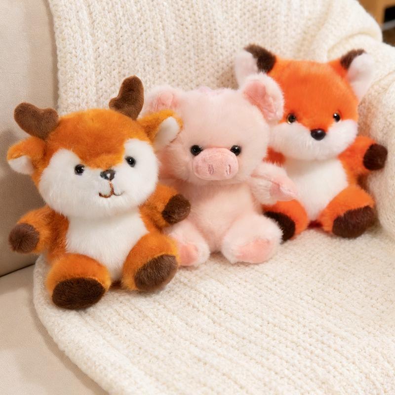 Three Plush Keychain Animals Fox Pig Deer Orange Pink Brown Color Soft Faux Fur Scented Pendant Cuddly Lanyard Collection