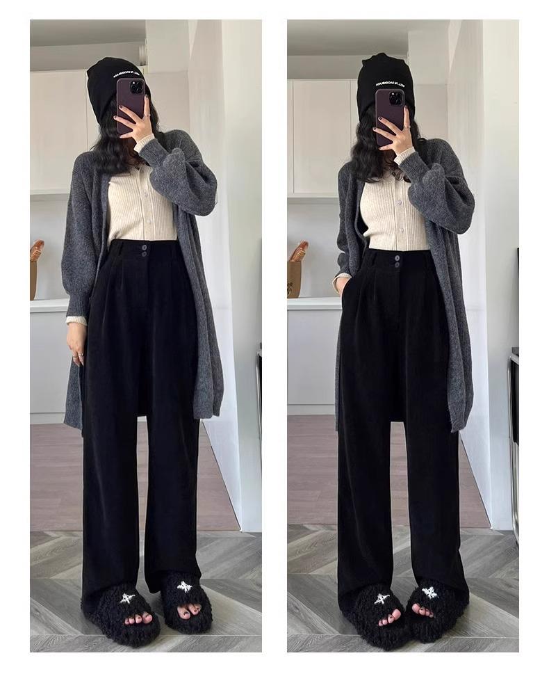 Women's White Corduroy Wide-Leg Pants with Velvet Lining, Petite Fit, Straight Leg - Autumn/Winter.