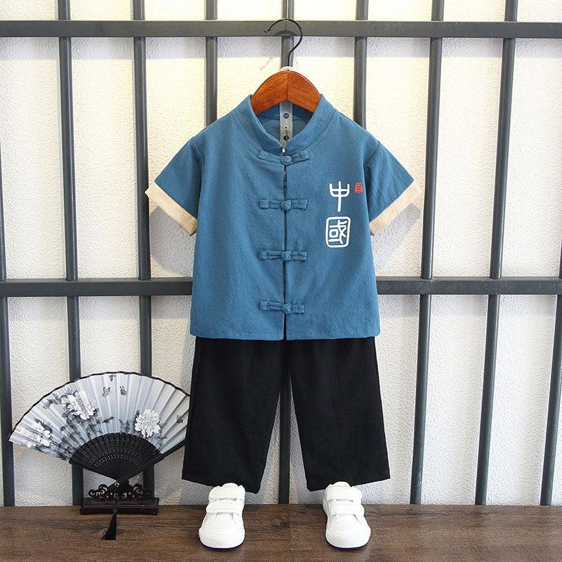 Completo Estivo da Ragazzo a Maniche Corte Stile Cinese per Bambini Hanbok Bello Completo Tang Cotone Lino Sezione Sottile di Abbigliamento Antico