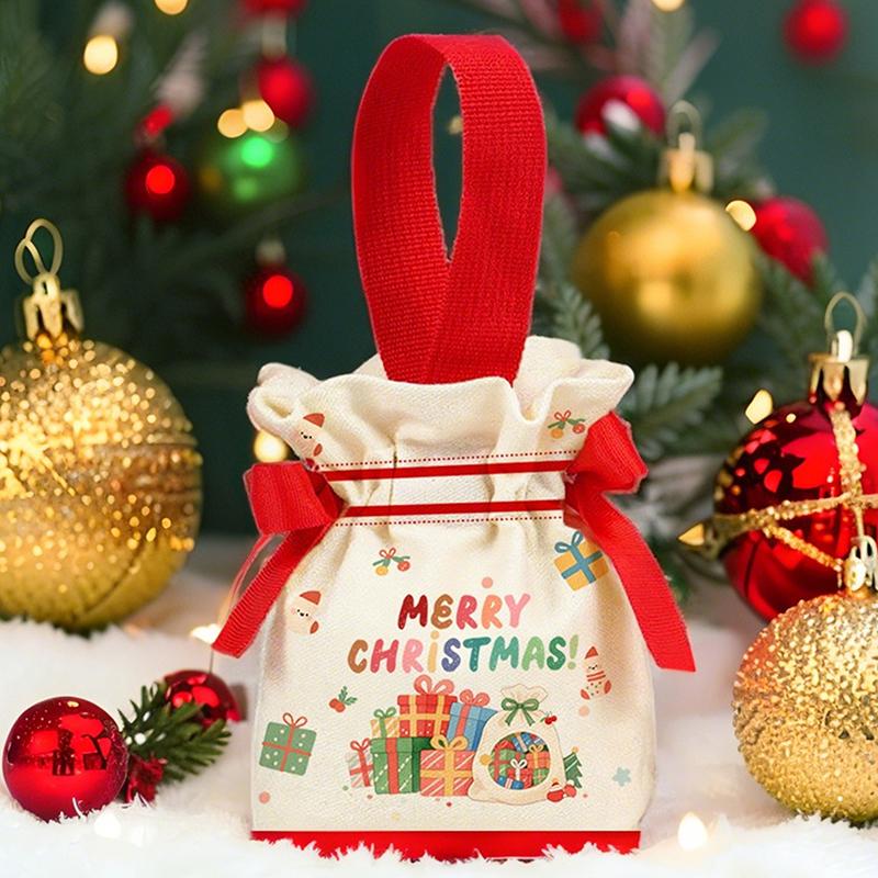 

Christmas Canvas Drawstring Bag Christmas Candy Gift Packaging Bag Cartoon Handbag For Apple Diy Year Xmas Home Party Supply