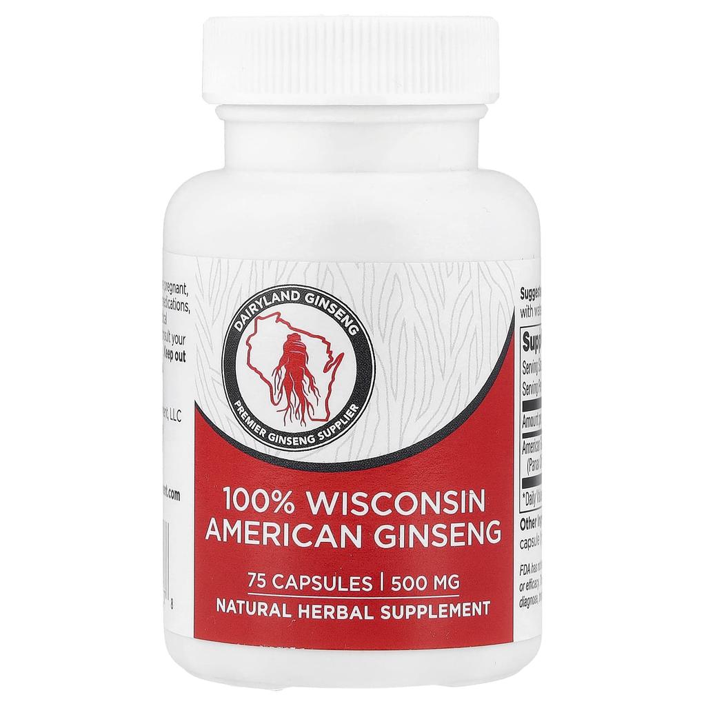 Dairyland Ginseng, 100% Wisconsin American Ginseng, 75 Capsules (500mg Per Capsule)