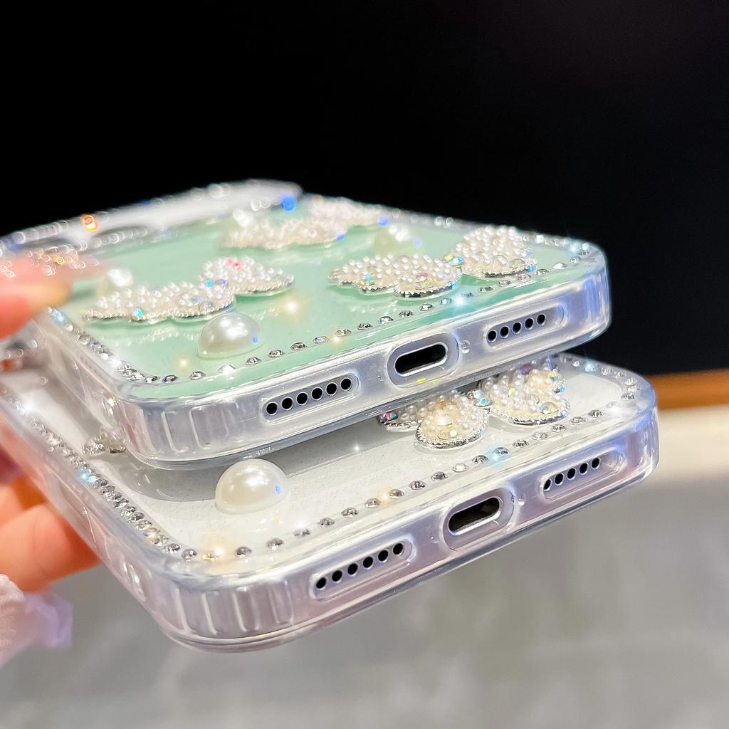 Jewelled Border Pearl Butterfly Glitter Phone Case for IPhone 17 Air 16E 17 16 15 14 13 Pro Max Transparent Cover