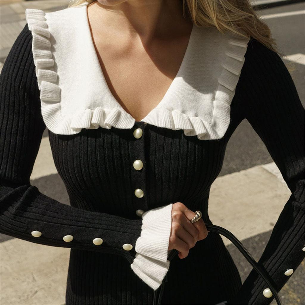 French Skirt Ruffle Edge Dress Knitted Skirt  And Winter New Woolen Dress