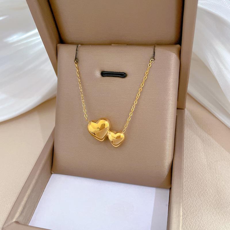 Glossy Double Love Temperament Personality Minimalist Wind Stove Real Gold Necklace Female Collarbone Chain