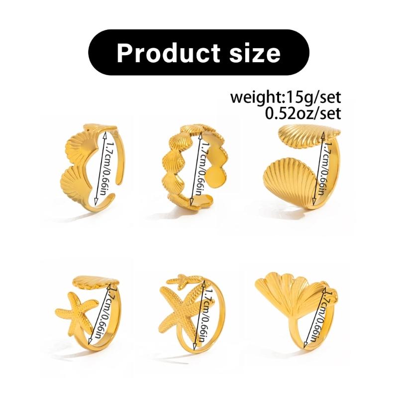 6 Piece Marine Summer Jewelry Adjustable Rings Set Starfish Shell Design Alloy Stackable Gift for Her Beach Holiday