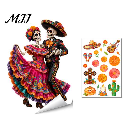 Celebration Accessories Day of The Dead Window Clings, Halloween Double-Sided Skull Sticker, Decals Colorful Flower Skeleton Static for Mexican House