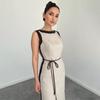 2025 Autumn Women's Colorblock Sleeveless Crew Neck Tie-Up Slit Dress