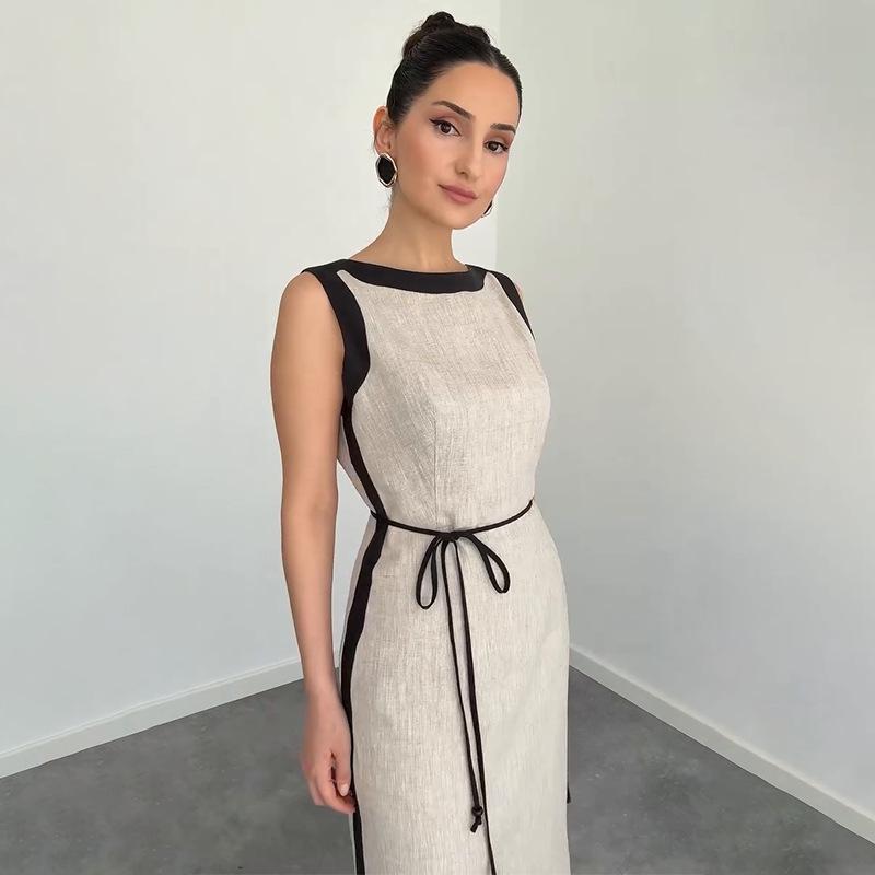 2025 Autumn Women's Colorblock Sleeveless Crew Neck Tie-Up Slit Dress