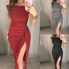 Women's Sheer One-Shoulder Slit Hem Dress Sparkle Evening Gown Cocktail Dress