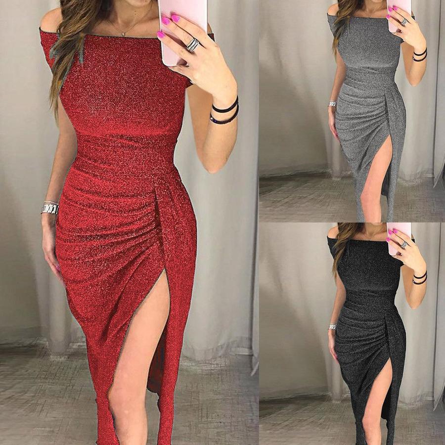 Abito da Donna Trasparente Monospalla con Spacco e Glitter Abito da Sera Abito da Cocktail