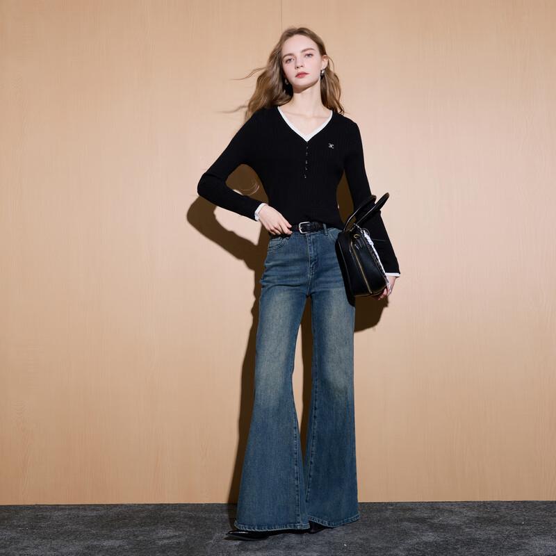 Sancai 2025 Winter V-Neck Embroidered Faux Two-Piece Knit Pullover