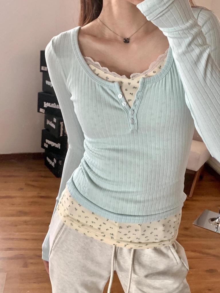 Dam T-shirt med blommig spets för tidig vår med kort topp - Tvådelat set