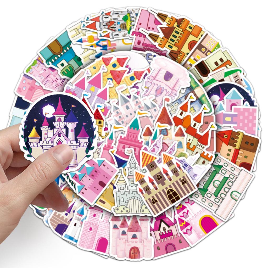 50-Piece Castle Cartoon Waterproof Decorative Stickers for Suitcases, Scooters, Computers, and Tablets