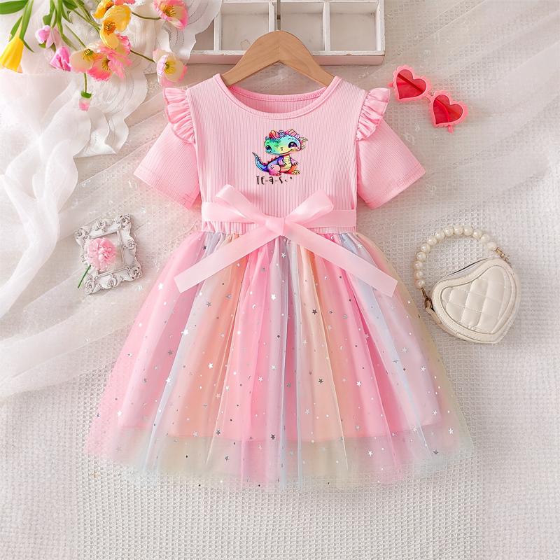 Girls Star Tulle DressRainbow Dinosaur PrintCute Princess Party Dress with Bow, Short Sleeve Summer Dress for Little Girls