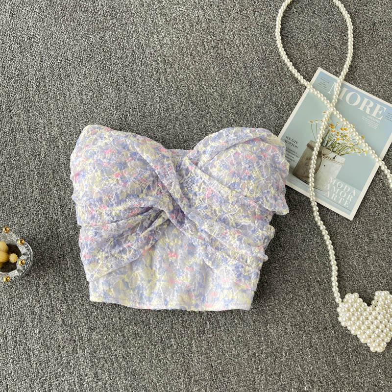 

Женский летний пляжный стиль, шифоновый корсет с принтом, складной, без бретелек, с открытыми плечами, синий, без рукавов, без рукавов, топ на бретелях Y2k M фиолетовый