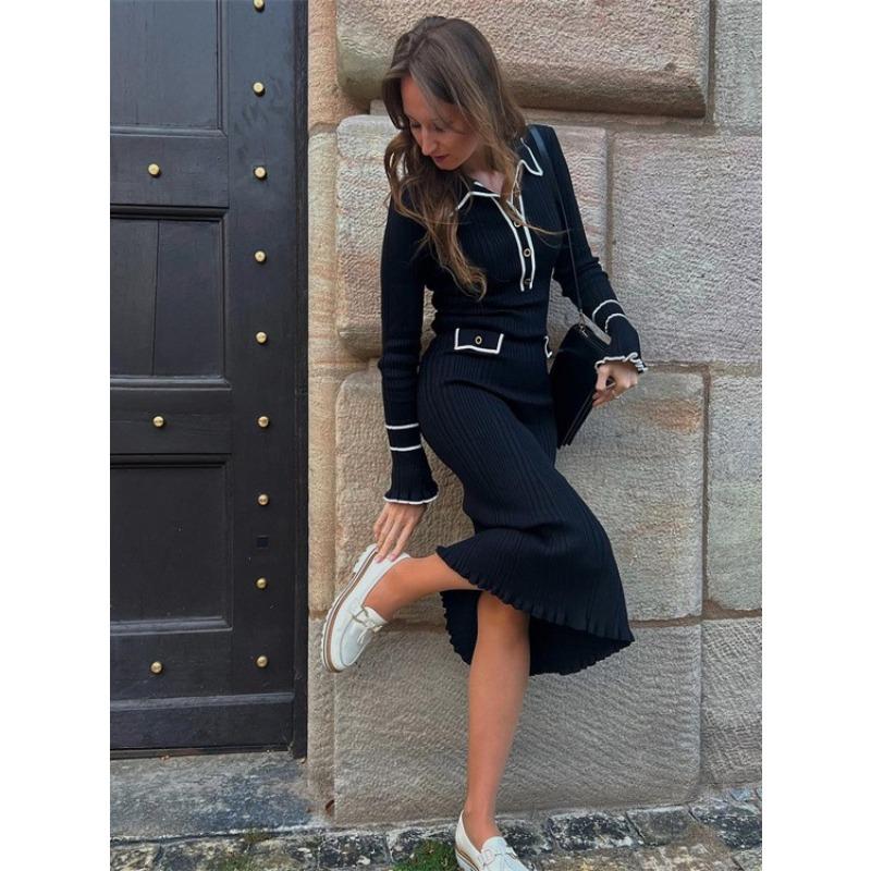 

Контрастное оборчатое трикотажное платье женское модное осеннее длинное однобортное платье миди с лацканами и высокой талией Vestidos L чёрный