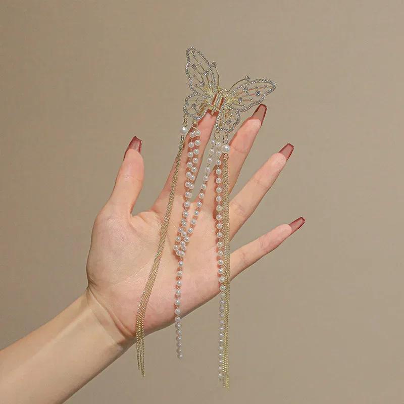 New Exquisite Rhinestone Butterfly Fringe Hair Claw Clips Korean Ponytail Braid Pearl Hairpin Girl Crab Metal Headdress Gift