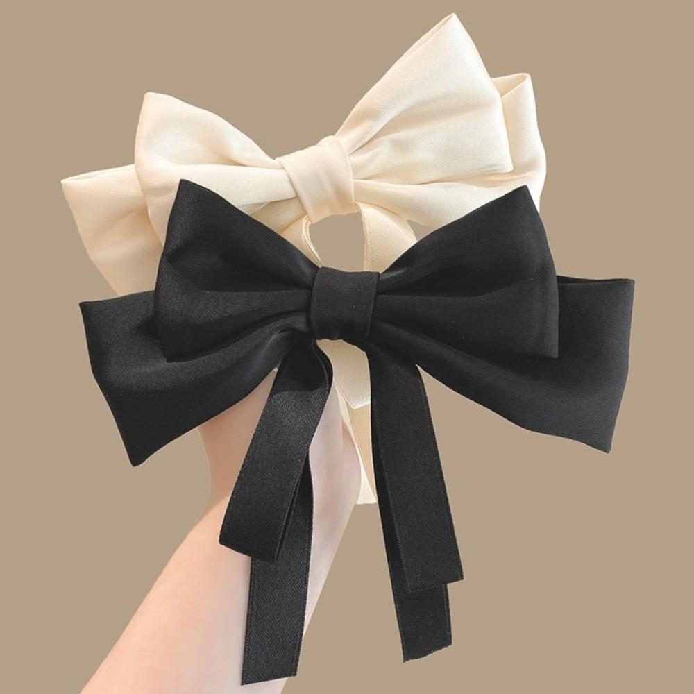2pcs Long Tassel Ribbon Bow Headband Elegant Solid Color Girls Hair Accessories Double Layer Hairpin Hair Grips