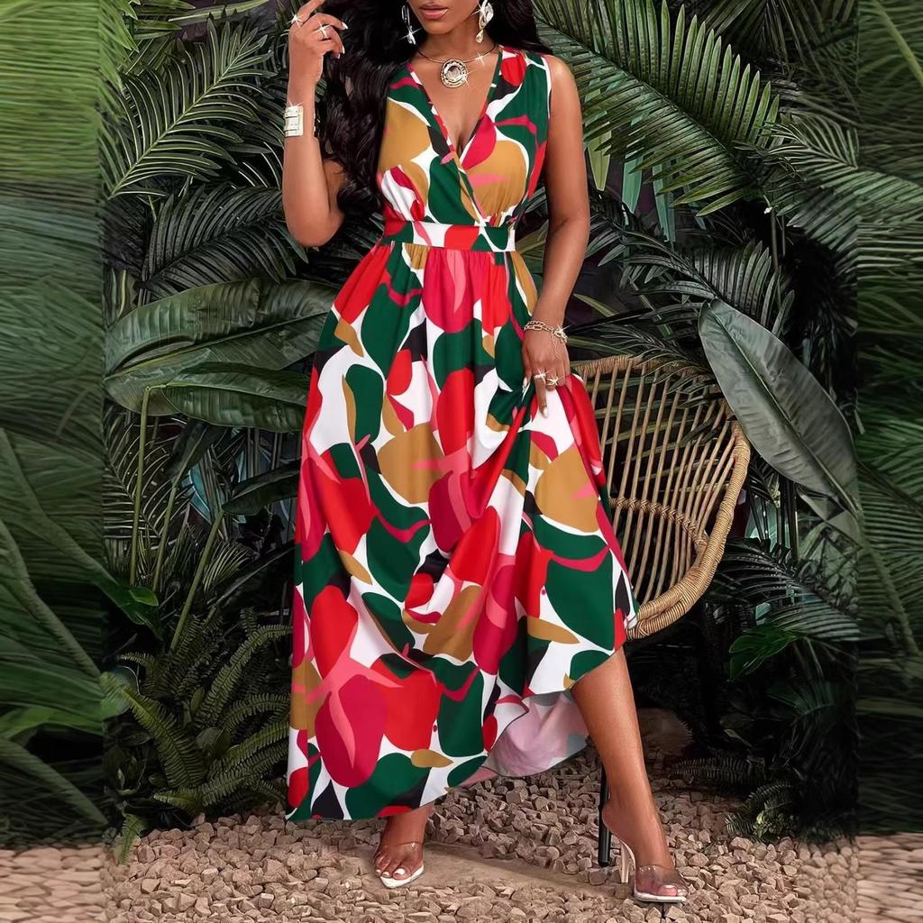 2026 new European and American women's clothing temperament elegant, fashionable and sexy 3D digital printing sleeveless V-neck dress