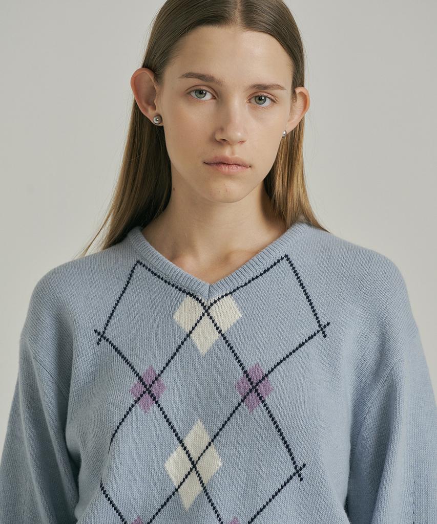 AHWE Argyle V-Neck Pullover Knit_Sky Blue