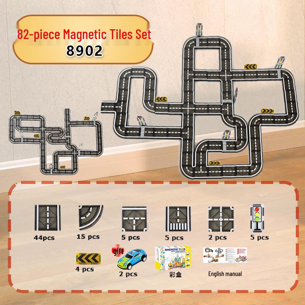 Cross-Border Magnetic Building Blocks: Strong Magnet Road & City Traffic Tiles with Crane & Stained Glass Design