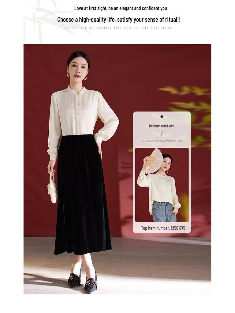 Jupe Midi en Velours de Soie Noir Rétro Français Automne/Hiver 2025 pour Femmes - Design Crayon Amincissant