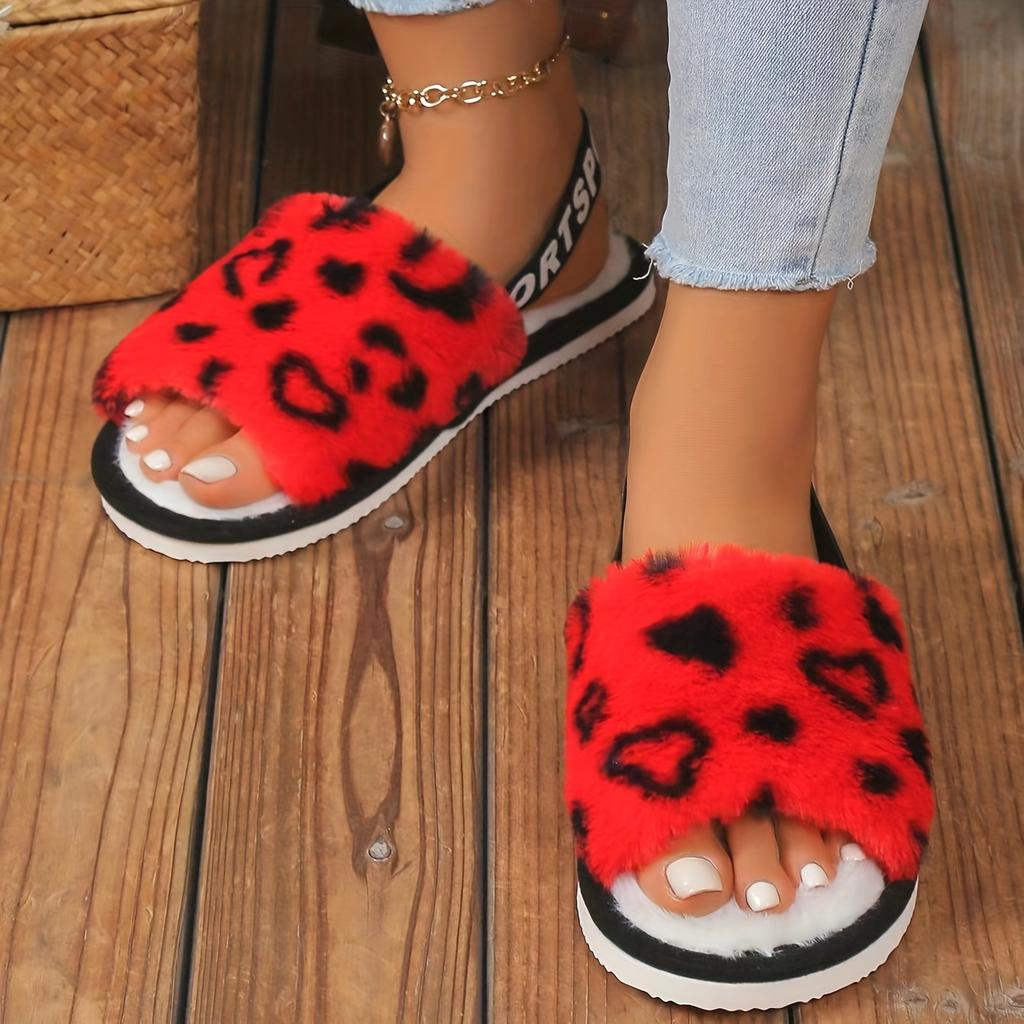 Leopard Print Plush Flat Slippers, Open Toed Elastic Band Slippers, Comfortable and Warm Home Slippers Sandals