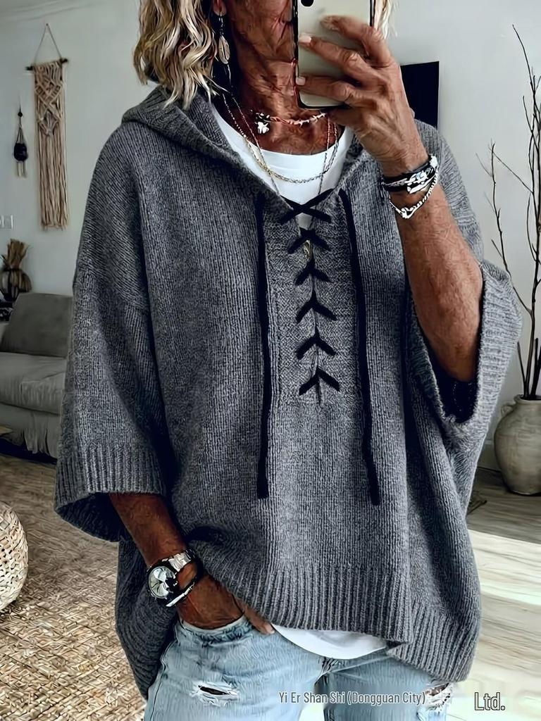 2026 Autumn/Winter Women's European & American Lace-up Hooded Sweater: Casual Loose Fit, Lazy Style Knitwear with Drop Shoulders