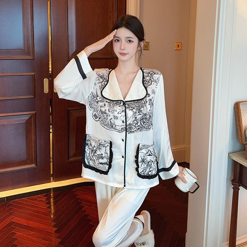 

Пижама женская из ледяного шелка в корейском стиле: Тонкий комплект с длинным рукавом и принтом с дизайном аромата M белый